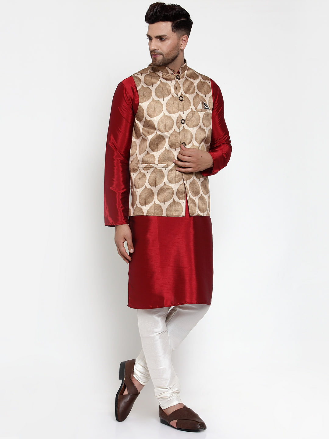 Jompers Men's Solid Dupion Kurta Pajama with Printed Nehru Jacket (Brown) | Grocsy