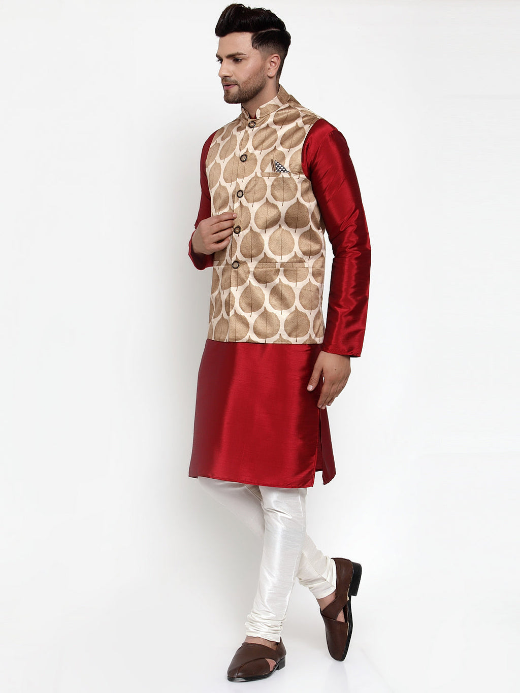 Jompers Men's Solid Dupion Kurta Pajama with Printed Nehru Jacket (Brown) | Grocsy
