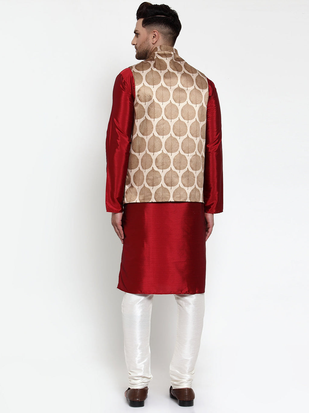 Jompers Men's Solid Dupion Kurta Pajama with Printed Nehru Jacket (Brown) | Grocsy