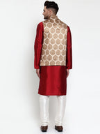 Jompers Men's Solid Dupion Kurta Pajama with Printed Nehru Jacket (Brown) | Grocsy