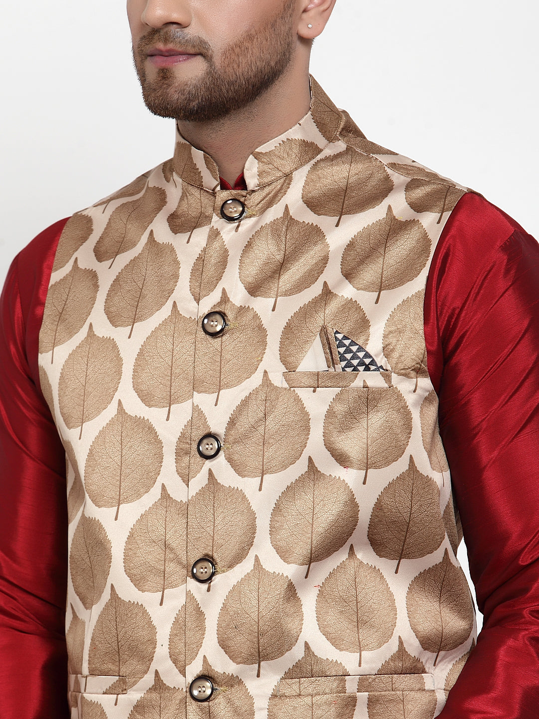 Jompers Men's Solid Dupion Kurta Pajama with Printed Nehru Jacket (Brown) | Grocsy
