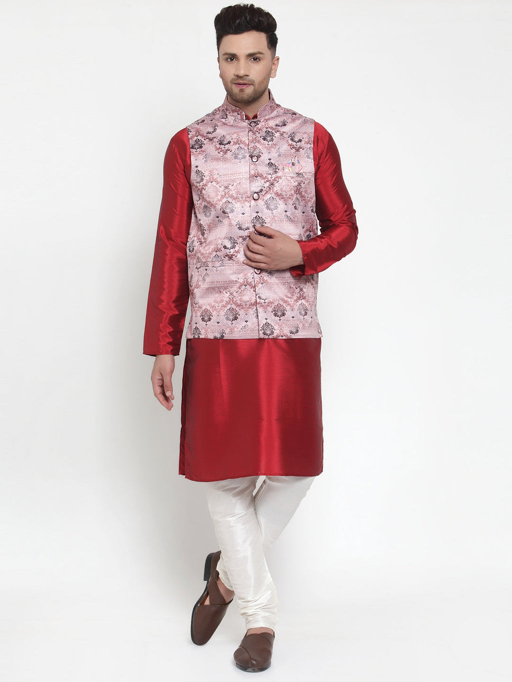 Jompers Men's Solid Dupion Kurta Pajama with Printed Nehru Jacket (Pink) | Grocsy