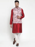 Jompers Men's Solid Dupion Kurta Pajama with Printed Nehru Jacket (Pink) | Grocsy