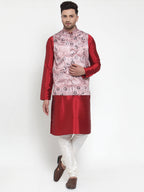 Jompers Men's Solid Dupion Kurta Pajama with Printed Nehru Jacket (Pink) | Grocsy