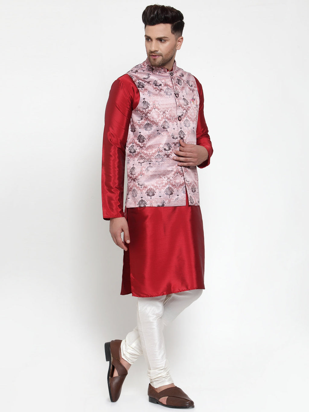 Jompers Men's Solid Dupion Kurta Pajama with Printed Nehru Jacket (Pink) | Grocsy