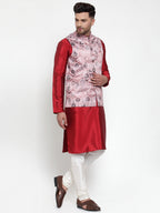 Jompers Men's Solid Dupion Kurta Pajama with Printed Nehru Jacket (Pink) | Grocsy