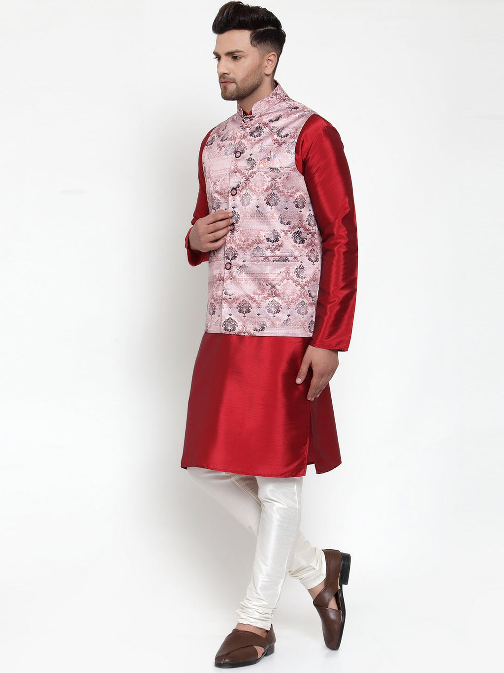 Jompers Men's Solid Dupion Kurta Pajama with Printed Nehru Jacket (Pink) | Grocsy