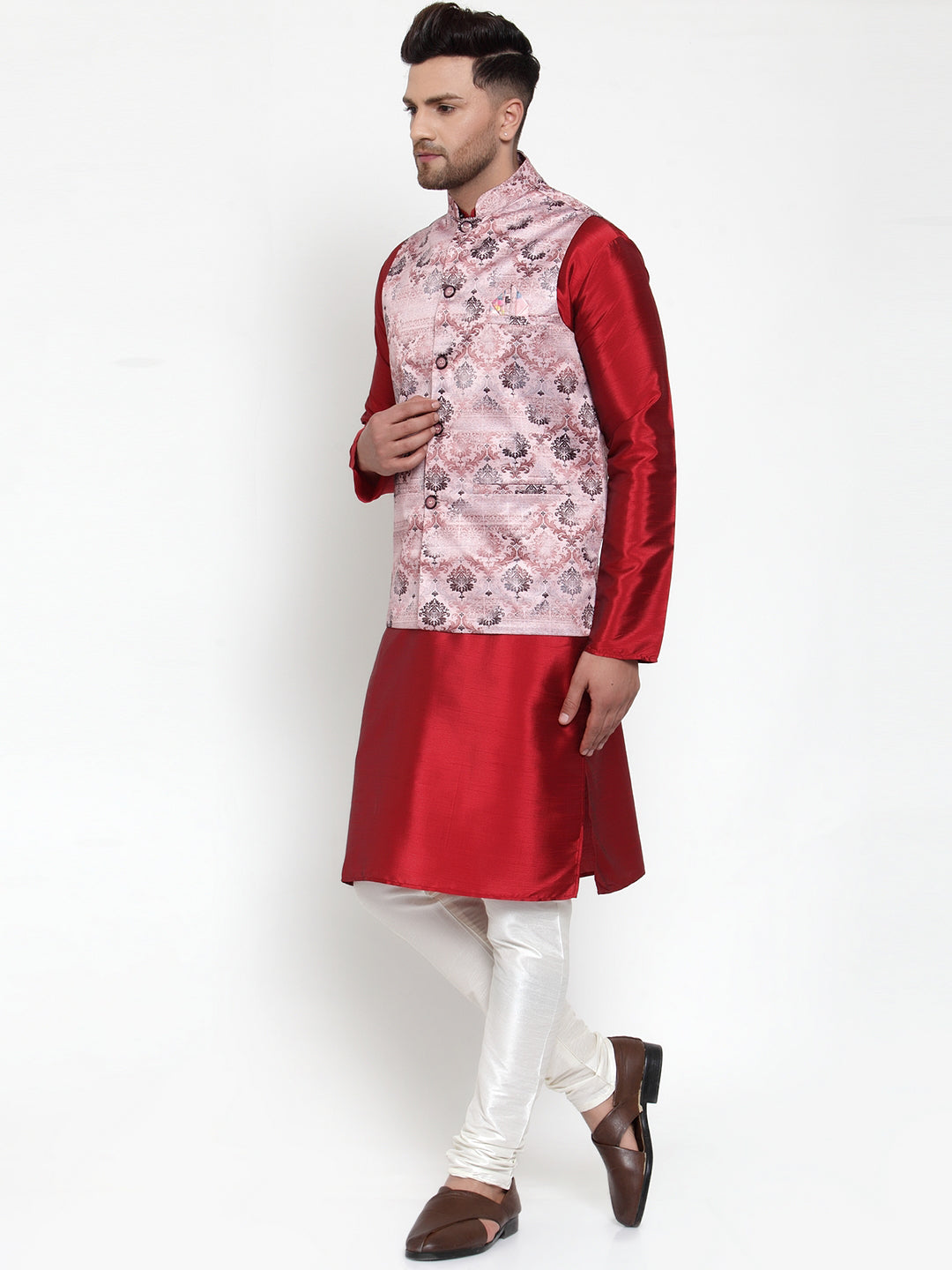 Jompers Men's Solid Dupion Kurta Pajama with Printed Nehru Jacket (Pink) | Grocsy