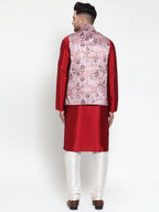 Jompers Men's Solid Dupion Kurta Pajama with Printed Nehru Jacket (Pink) | Grocsy