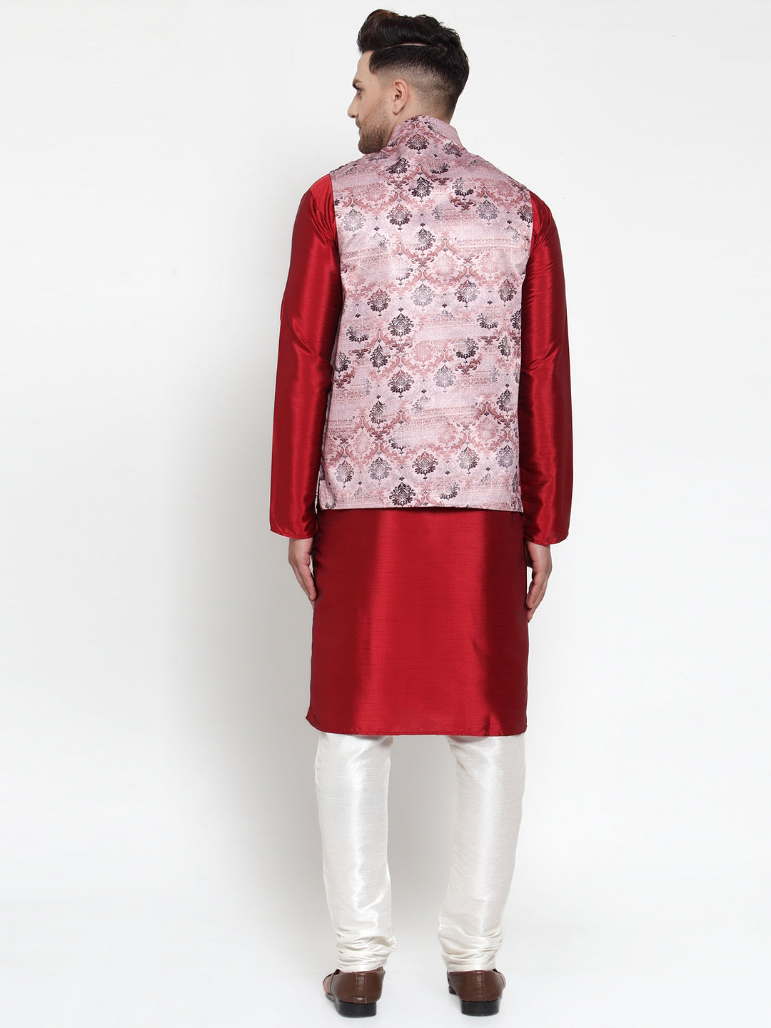 Jompers Men's Solid Dupion Kurta Pajama with Printed Nehru Jacket (Pink) | Grocsy