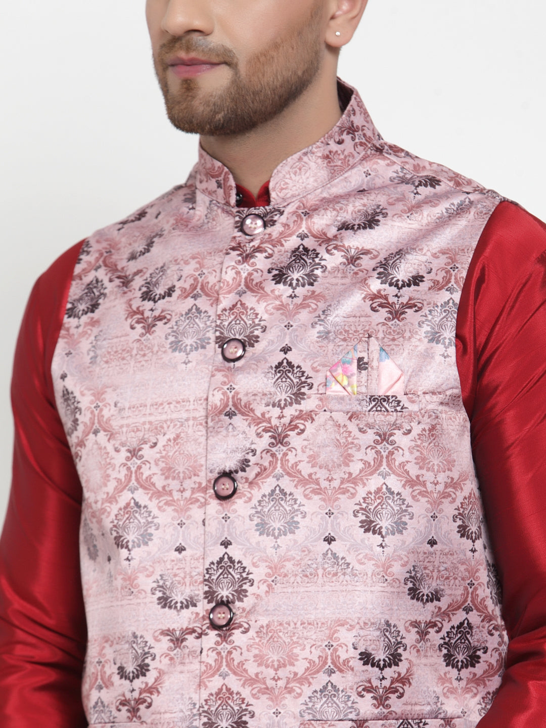 Jompers Men's Solid Dupion Kurta Pajama with Printed Nehru Jacket (Pink) | Grocsy