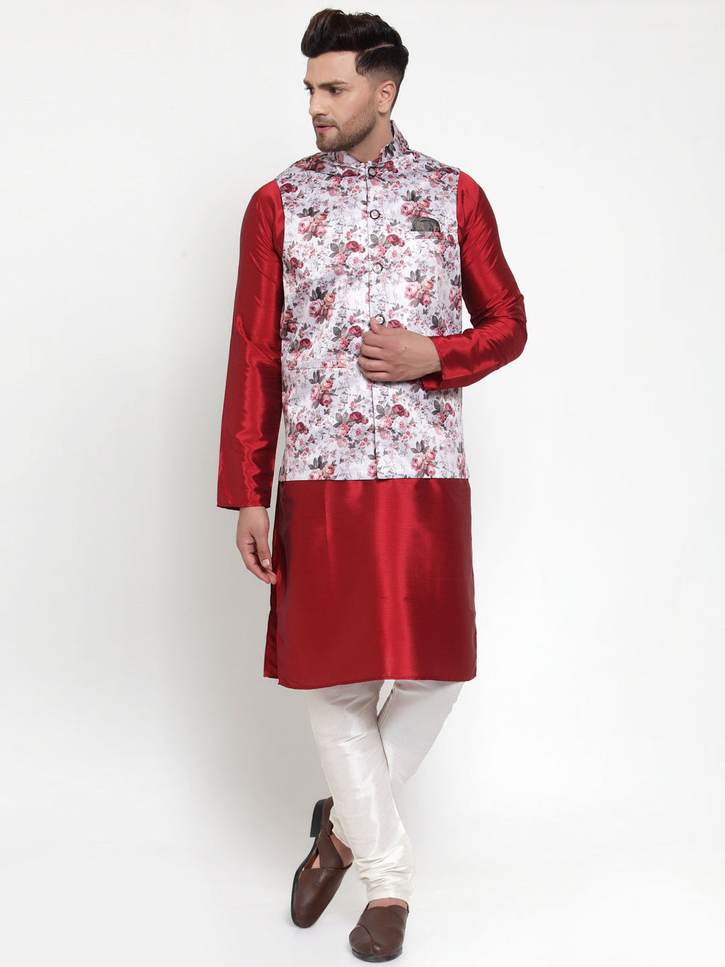 Jompers Men's Solid Dupion Kurta Pajama with Printed Nehru Silver Jacket | Grocsy