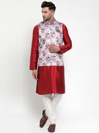 Jompers Men's Solid Dupion Kurta Pajama with Printed Nehru Silver Jacket | Grocsy