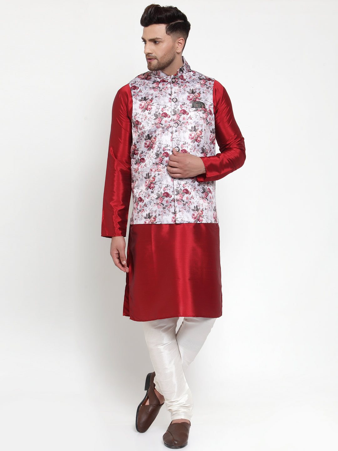 Jompers Men's Solid Dupion Kurta Pajama with Printed Nehru Silver Jacket | Grocsy