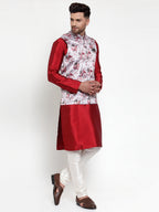 Jompers Men's Solid Dupion Kurta Pajama with Printed Nehru Silver Jacket | Grocsy