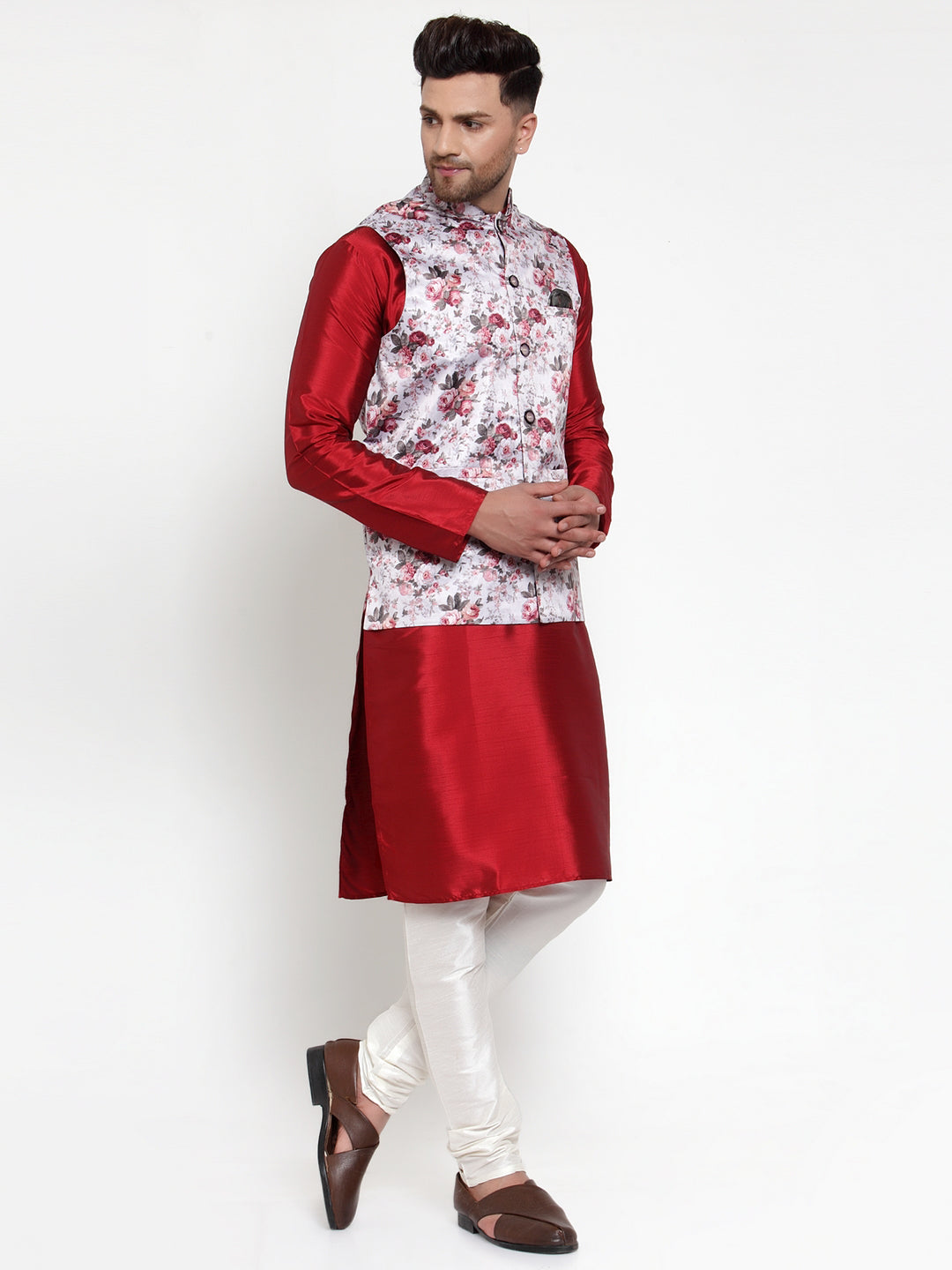 Jompers Men's Solid Dupion Kurta Pajama with Printed Nehru Silver Jacket | Grocsy