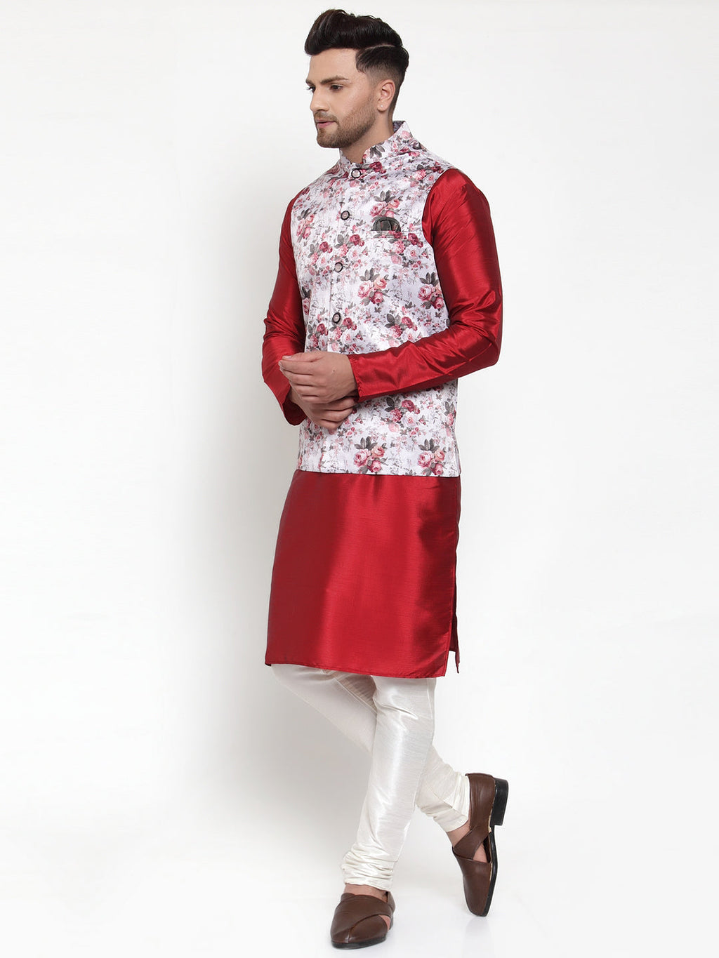 Jompers Men's Solid Dupion Kurta Pajama with Printed Nehru Silver Jacket | Grocsy