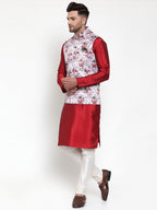 Jompers Men's Solid Dupion Kurta Pajama with Printed Nehru Silver Jacket | Grocsy