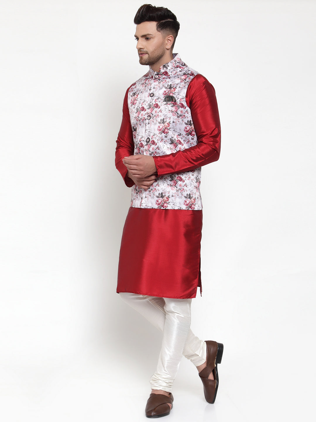 Jompers Men's Solid Dupion Kurta Pajama with Printed Nehru Silver Jacket | Grocsy