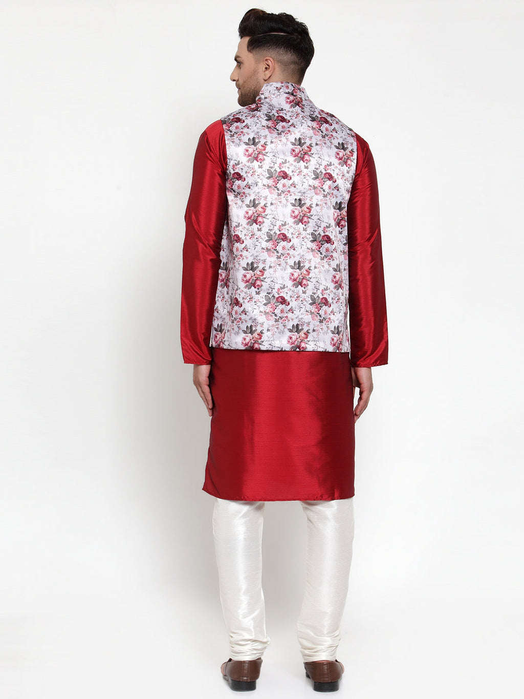 Jompers Men's Solid Dupion Kurta Pajama with Printed Nehru Silver Jacket | Grocsy