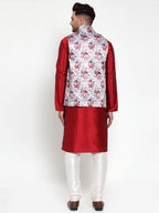 Jompers Men's Solid Dupion Kurta Pajama with Printed Nehru Silver Jacket | Grocsy