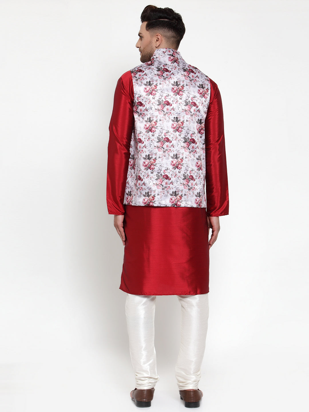 Jompers Men's Solid Dupion Kurta Pajama with Printed Nehru Silver Jacket | Grocsy