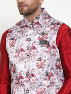 Jompers Men's Solid Dupion Kurta Pajama with Printed Nehru Silver Jacket | Grocsy