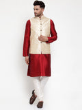Jompers Men Solid Dupion Kurta Pajama with Embroidered Nehru Jacket in Cream | Grocsy
