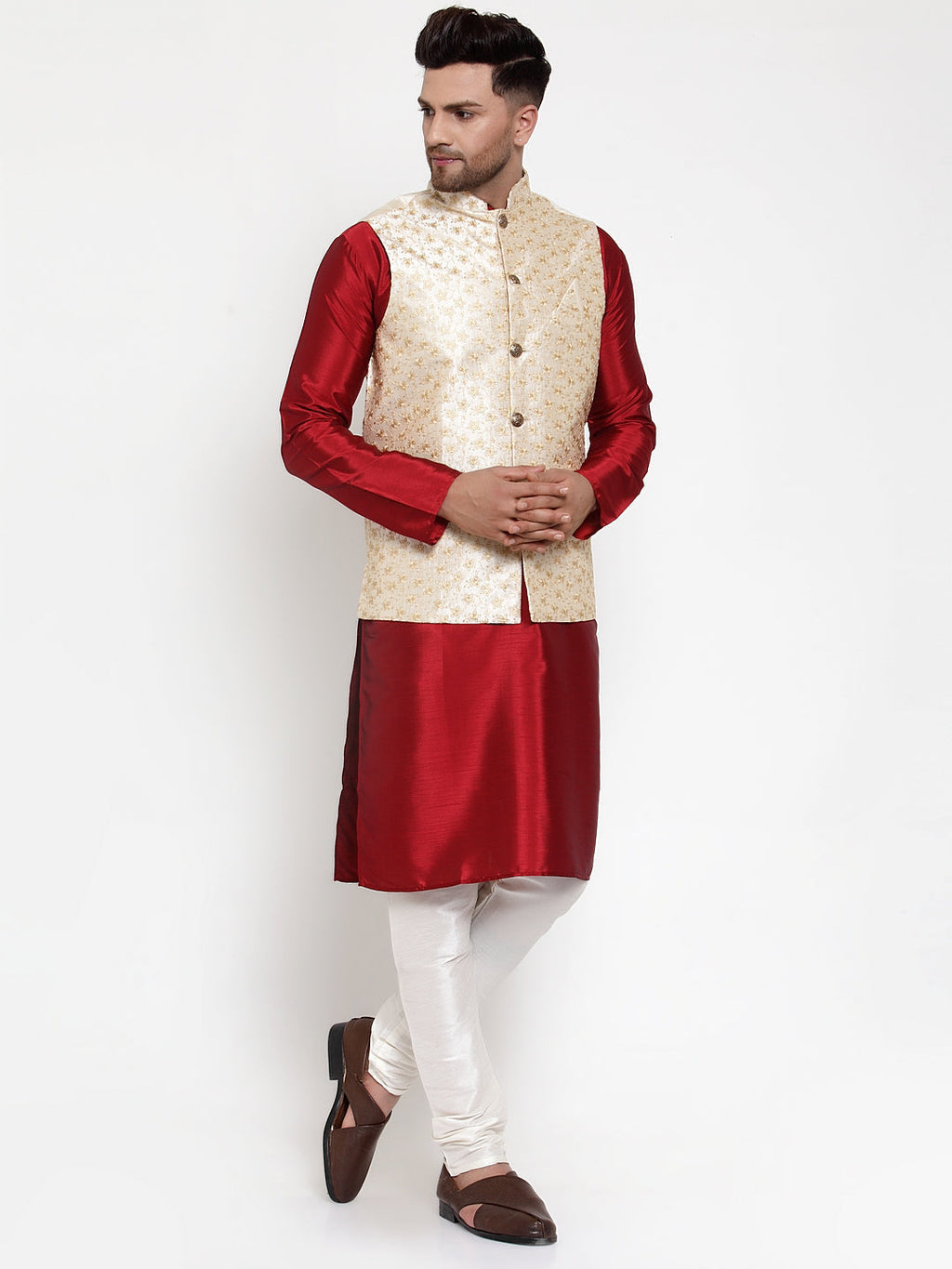 Jompers Men Solid Dupion Kurta Pajama with Embroidered Nehru Jacket in Cream | Grocsy