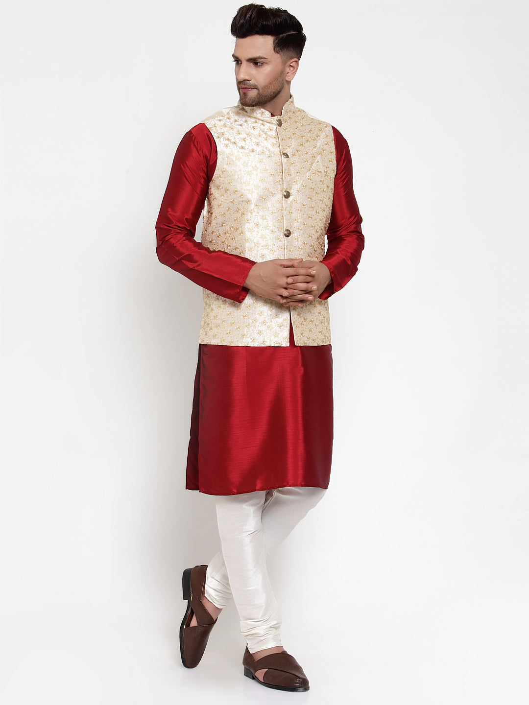 Jompers Men Solid Dupion Kurta Pajama with Embroidered Nehru Jacket in Cream | Grocsy