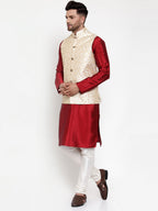 Jompers Men Solid Dupion Kurta Pajama with Embroidered Nehru Jacket in Cream | Grocsy