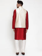 Jompers Men Solid Dupion Kurta Pajama with Embroidered Nehru Jacket in Cream | Grocsy