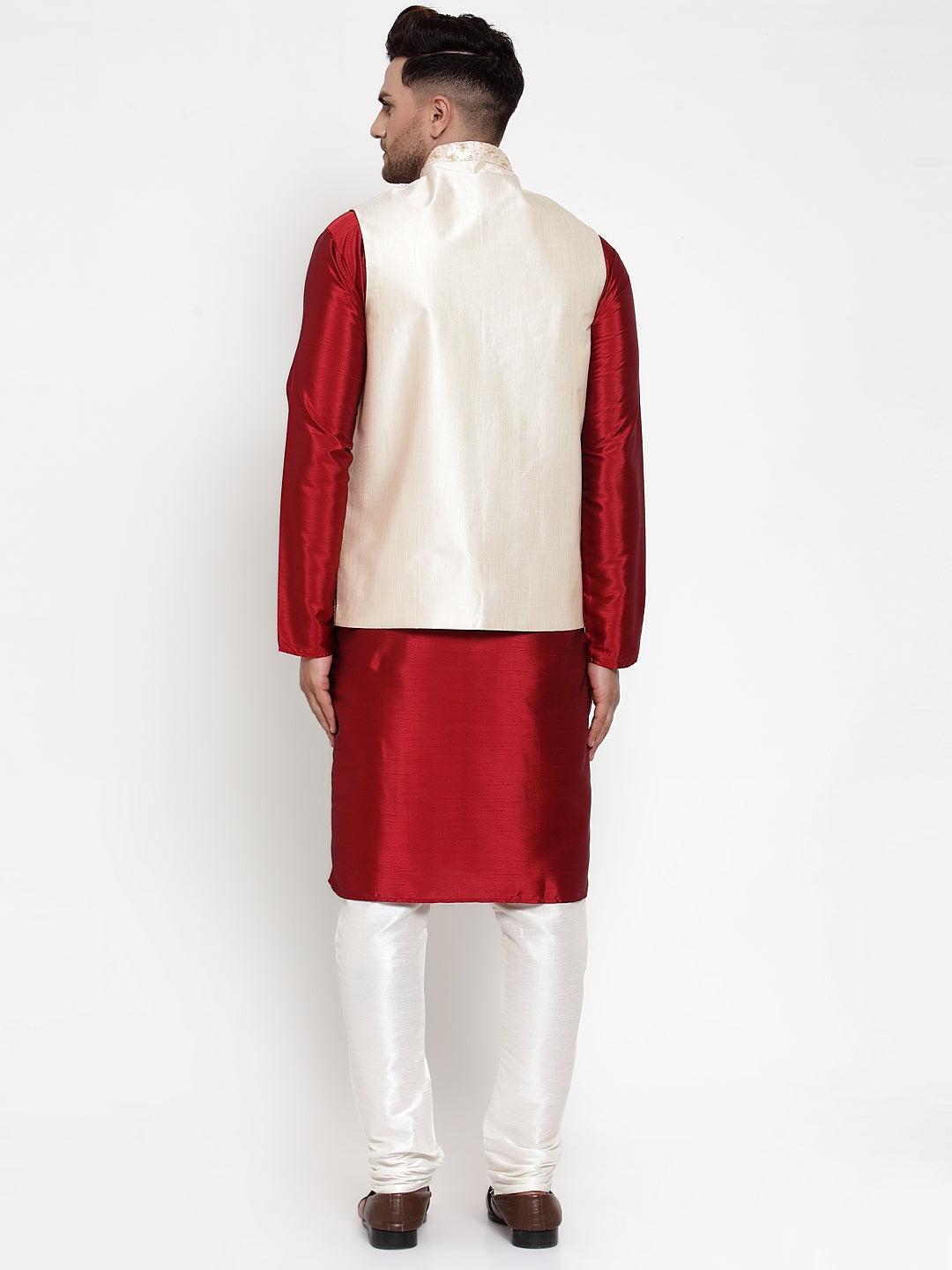 Jompers Men Solid Dupion Kurta Pajama with Embroidered Nehru Jacket in Cream | Grocsy