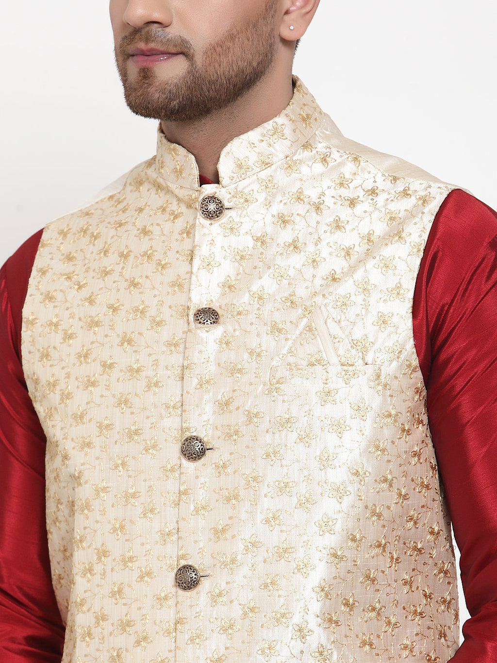 Jompers Men Solid Dupion Kurta Pajama with Embroidered Nehru Jacket in Cream | Grocsy