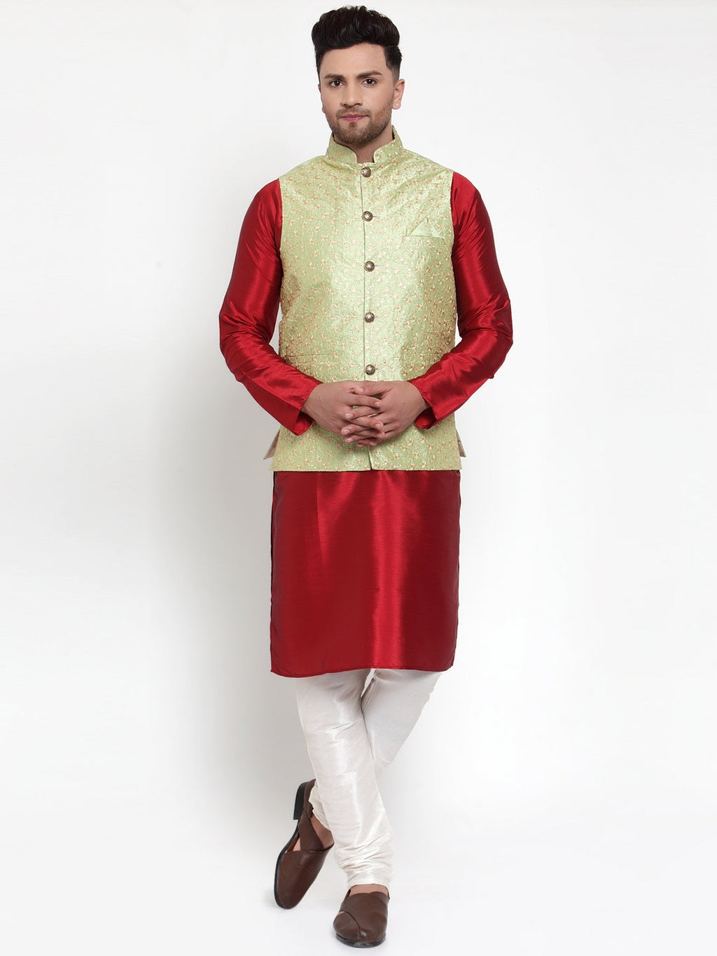 Jompers Men's Solid Dupion Kurta Pajama with Embroidered Nehru Jacket (Green) | Grocsy