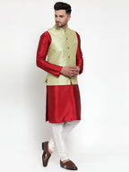 Jompers Men's Solid Dupion Kurta Pajama with Embroidered Nehru Jacket (Green) | Grocsy