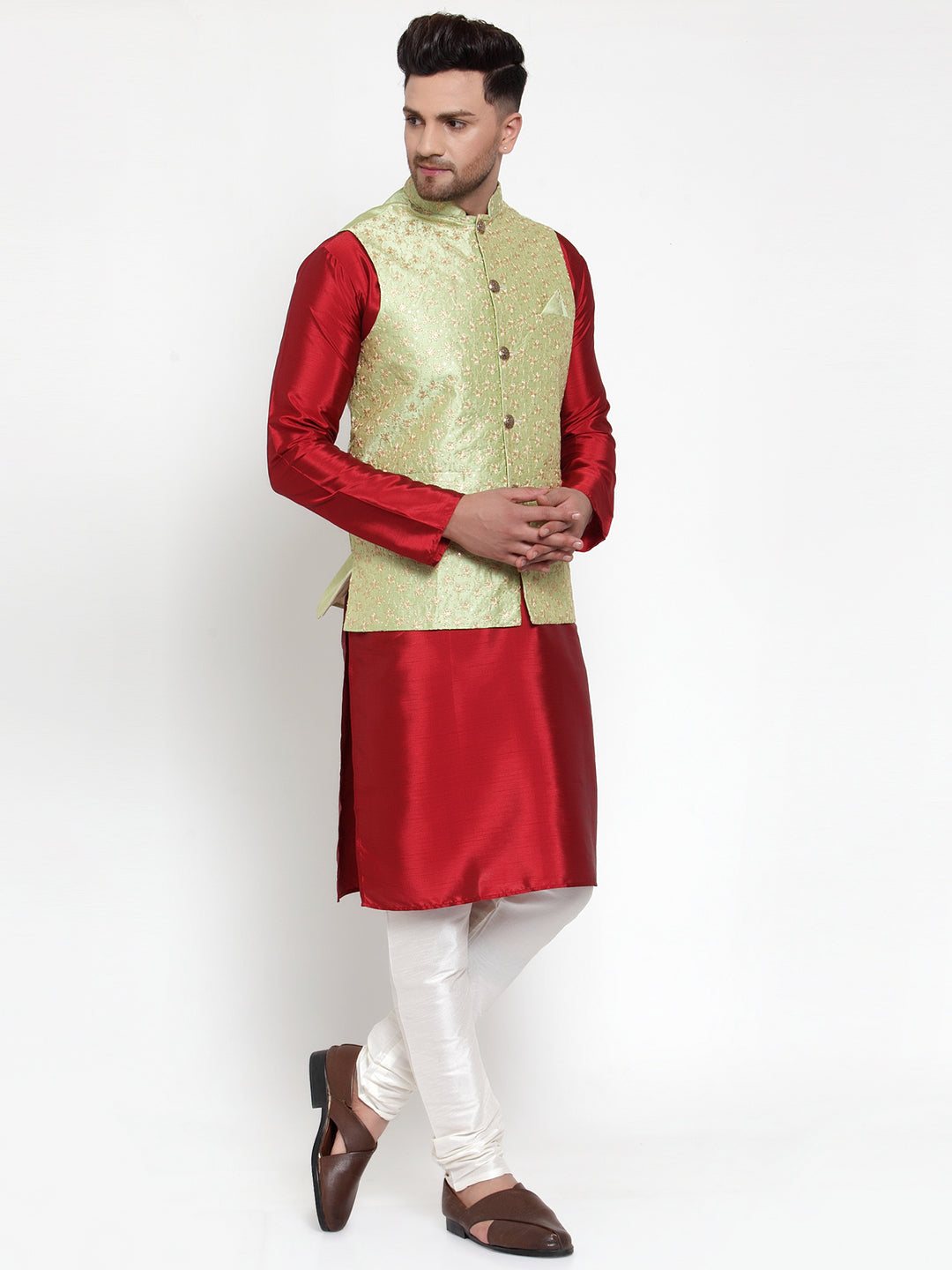 Jompers Men's Solid Dupion Kurta Pajama with Embroidered Nehru Jacket (Green) | Grocsy