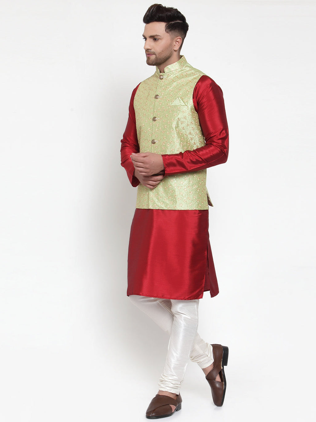 Jompers Men's Solid Dupion Kurta Pajama with Embroidered Nehru Jacket (Green) | Grocsy