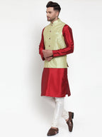 Jompers Men's Solid Dupion Kurta Pajama with Embroidered Nehru Jacket (Green) | Grocsy