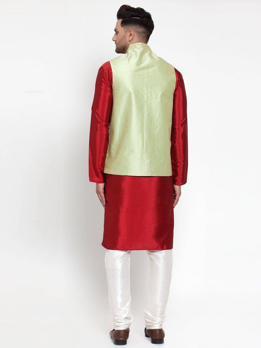 Jompers Men's Solid Dupion Kurta Pajama with Embroidered Nehru Jacket (Green) | Grocsy