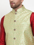 Jompers Men's Solid Dupion Kurta Pajama with Embroidered Nehru Jacket (Green) | Grocsy