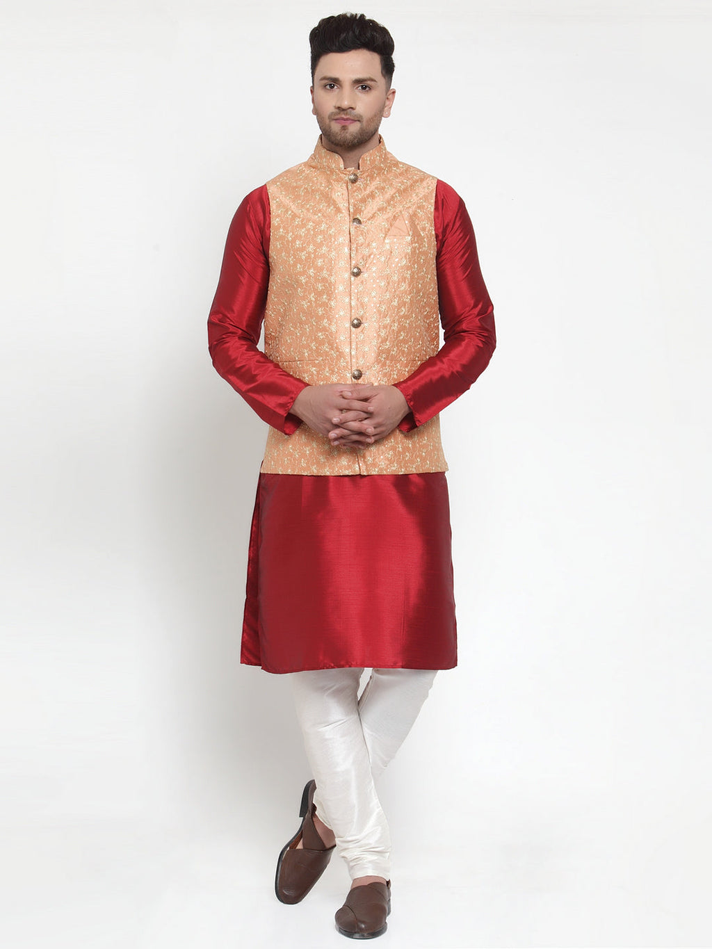 Jompers Men's Solid Dupion Kurta Pajama with Embroidered Nehru Jacket (Peach) | Grocsy