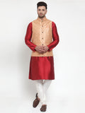 Jompers Men's Solid Dupion Kurta Pajama with Embroidered Nehru Jacket (Peach) | Grocsy
