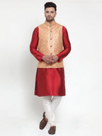Jompers Men's Solid Dupion Kurta Pajama with Embroidered Nehru Jacket (Peach) | Grocsy