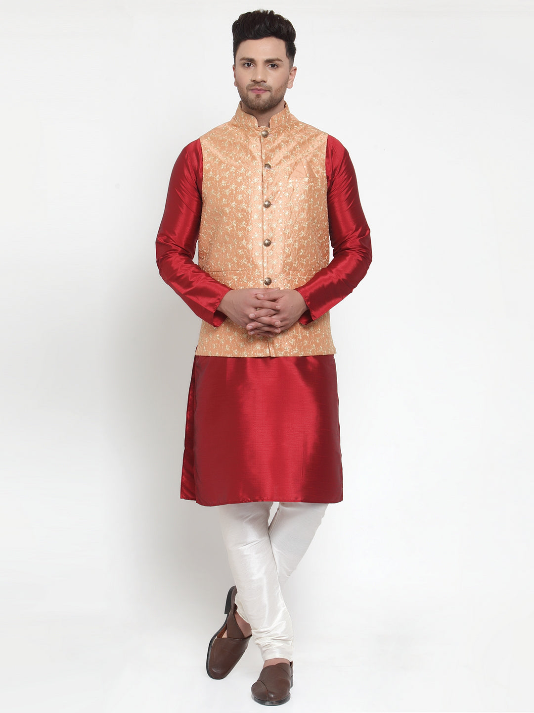 Jompers Men's Solid Dupion Kurta Pajama with Embroidered Nehru Jacket (Peach) | Grocsy