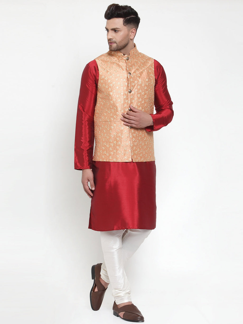 Jompers Men's Solid Dupion Kurta Pajama with Embroidered Nehru Jacket (Peach) | Grocsy