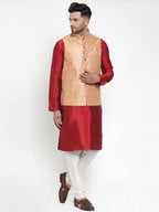 Jompers Men's Solid Dupion Kurta Pajama with Embroidered Nehru Jacket (Peach) | Grocsy