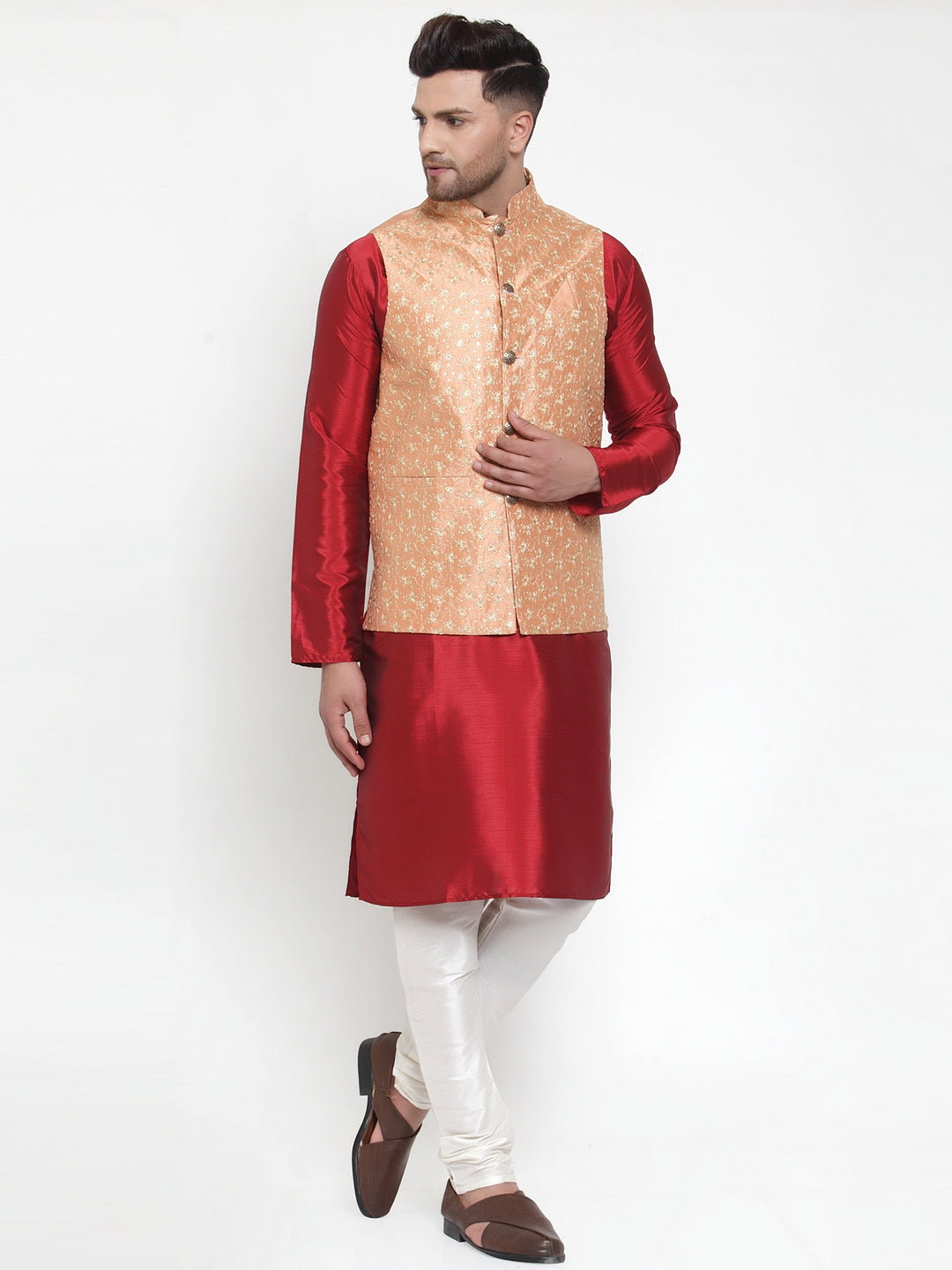 Jompers Men's Solid Dupion Kurta Pajama with Embroidered Nehru Jacket (Peach) | Grocsy