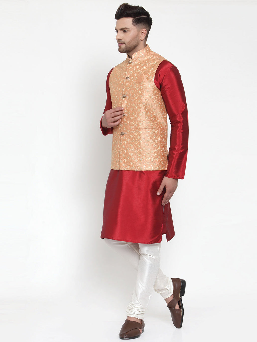 Jompers Men's Solid Dupion Kurta Pajama with Embroidered Nehru Jacket (Peach) | Grocsy