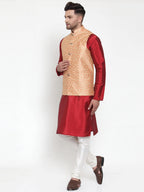 Jompers Men's Solid Dupion Kurta Pajama with Embroidered Nehru Jacket (Peach) | Grocsy